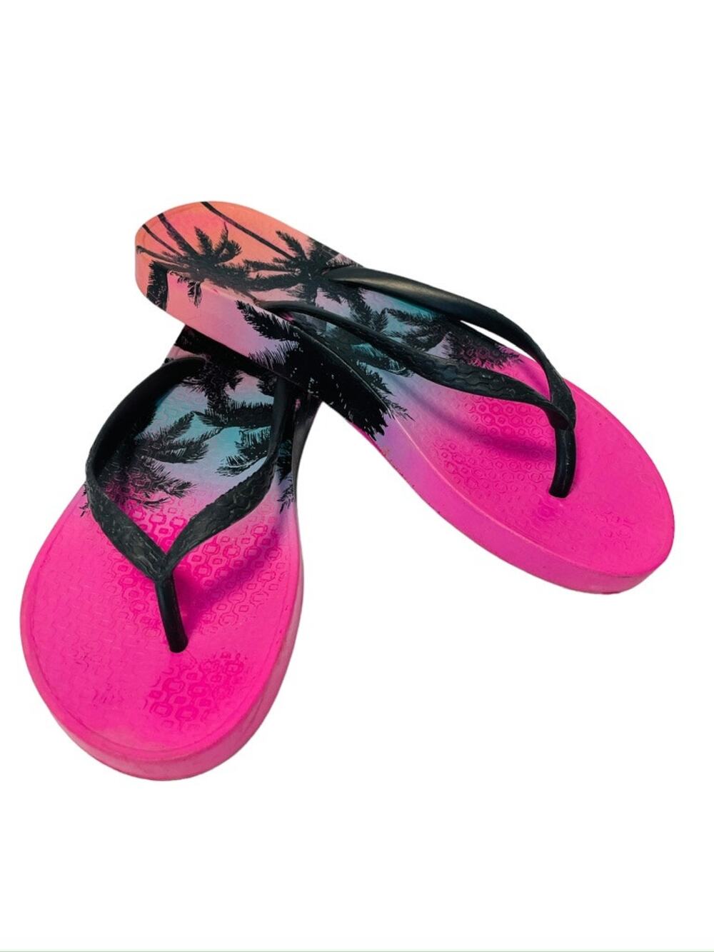Hawaiian Palm Tree High Pink Thick Soled Flip Flop Thong Sandals Womens Size 10